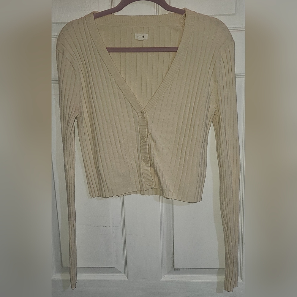 aerie button down cropped long sleeve cream